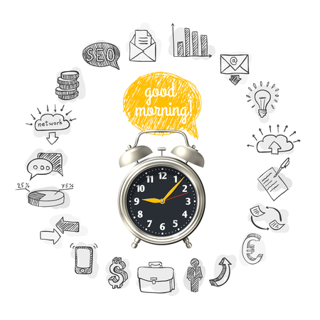 Start of work round composition with hand drawn business icons and clock with speech bubble vector illustrationのイラスト素材