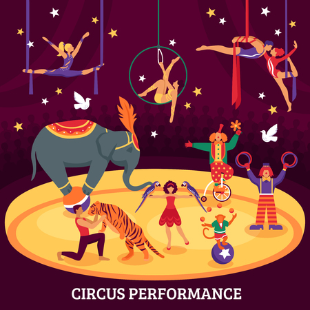 Circus performance flat composition with acrobats elephant tiger trainers and clowns at arena vector illustrationのイラスト素材