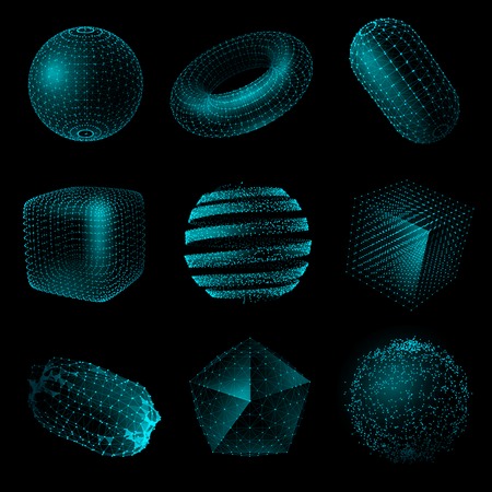 Blue color realistic geometric shape 3D technology style set on black background vector...