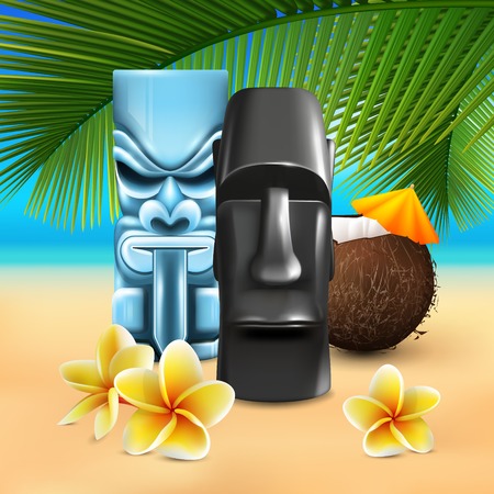 Hawaiian sunny beach illustration with cumbersome coconut and tin god images on colorful sandy seashore background vector illustration.のイラスト素材