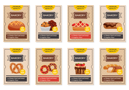 Set of flat retro bakery posters with presentation of different cooking products isolated vector illustrationのイラスト素材