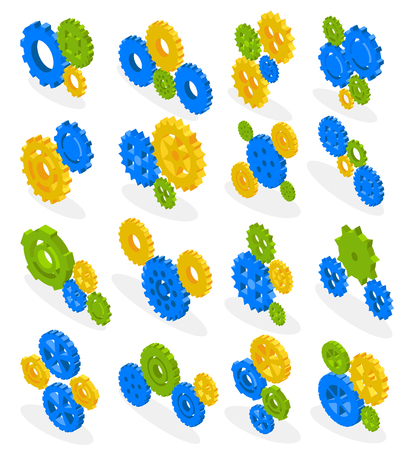 Gears isometric collection with isolated gearwheels of different shape and colour with shadows on white background vector illustrationのイラスト素材