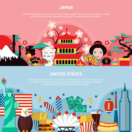 Japan and united states horizontal banners with national historic architecture and culture symbols flat vector illustrationのイラスト素材