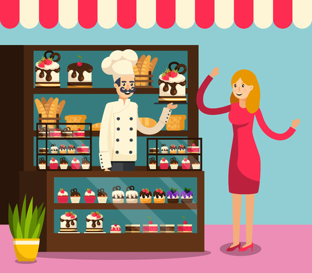 Colored flat Caf composition with employee behind the counter of cafe selling cakes to buyer vector illustrationのイラスト素材