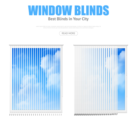 Two isolated windows elements with white vertical blinds overlooking cloudy blue sky realistic vector illustrationのイラスト素材