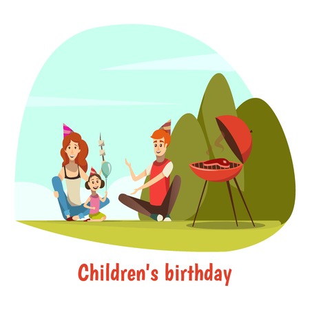 Kids birthday celebration composition with nature and barbecue cartoon vector illustrationのイラスト素材