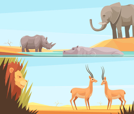 Two horizontal wild animal banners set with flat images of prey and beast animals with tropical landscape vector illustrationのイラスト素材