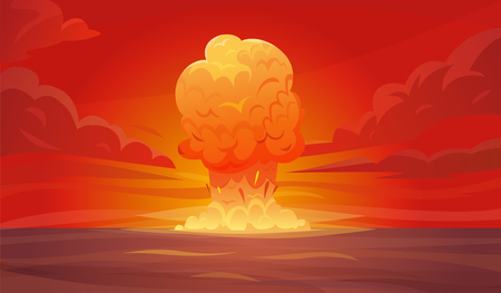 Colored red nuclear explosion composition or poster with column of smoke rising vertically into the sky vector illustrationのイラスト素材