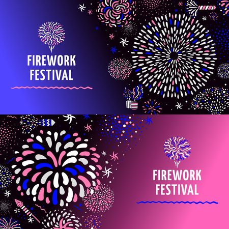 Festive firework radial spiral patterns with stars 2 colorful gradient background horizontal banners set isolated vector illustrationのイラスト素材