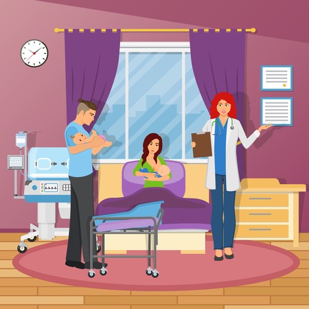 Maternity hospital flat composition with young parents two newborn kids and doctor figurines vector illustrationのイラスト素材