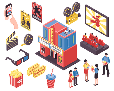 Cinema movie isometric set of isolated picture show icons junk food isometric icons and human characters vector illustrationのイラスト素材