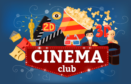 Cinema movie background composition with doodle style images of tickets popcorn 3d glasses and sign board vector illustrationのイラスト素材