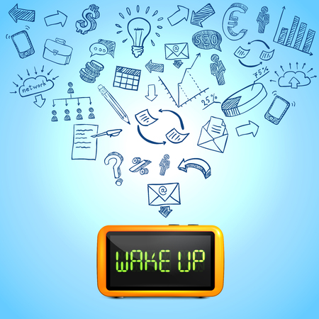 Business morning composition with 3d clock hand drawn icons of work processes on blue background vector illustrationのイラスト素材