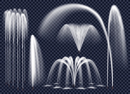 Set of realistic fountains with water jets in various geometric combination on transparent background isolated vector illustrationのイラスト素材
