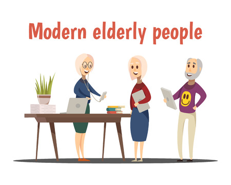 Modern elderly people composition with technology symbols cartoon vector illustrationのイラスト素材