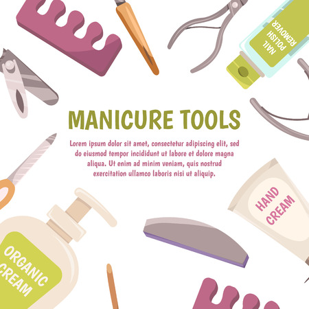 Pedicure tools concept with foot cream symbols cartoon vector illustrationのイラスト素材