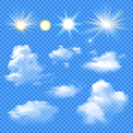 Set of sun in different brightness and clouds of various shape on transparent background isolated vector illustrationのイラスト素材