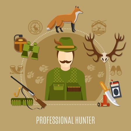 Professional hunter concept with uniform rifle and knife flat vector illustrationのイラスト素材