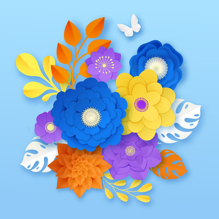 Cut paper flowers handcraft ornamental composition sample in yellow white orange purple on blue background vector illustrationのイラスト素材