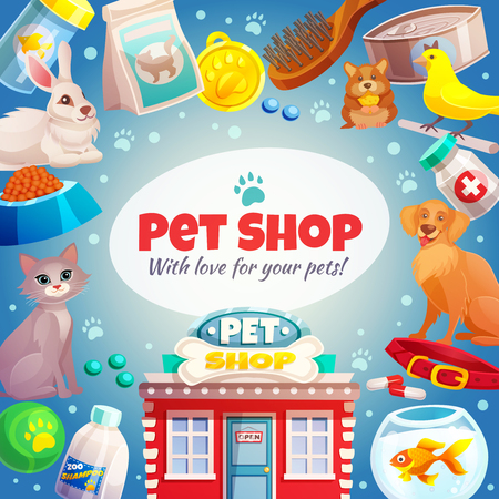 Pet shop frame with logo, animals, food and goods care, store building on blue background vector illustrationのイラスト素材