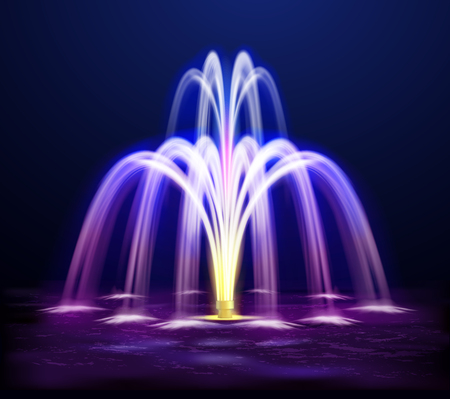 Modern lit night fountain illuminated yellow and purple color on dark background realistic vector illustrationのイラスト素材