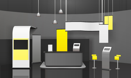 Advertising exhibition stand with counter, banners, displays, shelves for handout on glossy floor 3d mockup vector illustrationのイラスト素材