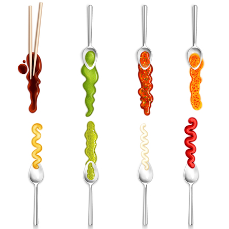 Colorful gourmet collection of isolated icons depicting different sauce with spoon and chopsticks in realistic style vector illustrationのイラスト素材