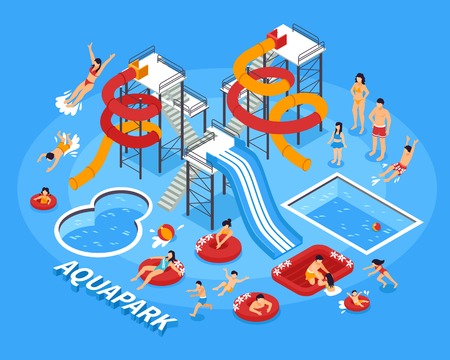 Water park and swimming with people and recreation symbols isometric vector illustrationのイラスト素材