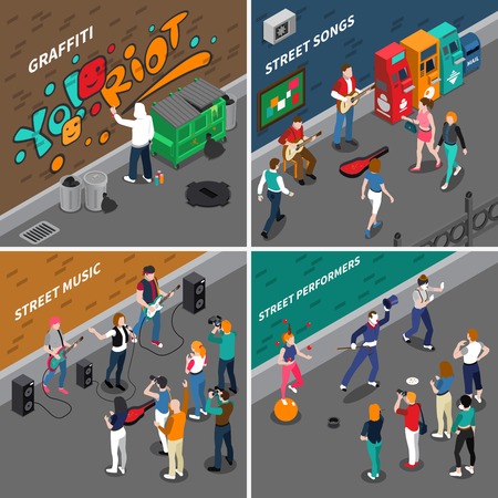 Street artists isometric compositions with musicians.のイラスト素材