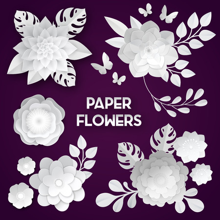 Elegant white paper cut flowers 3d bridal decoration arrangements handcraft set dark background realistic isolated vector illustrationのイラスト素材
