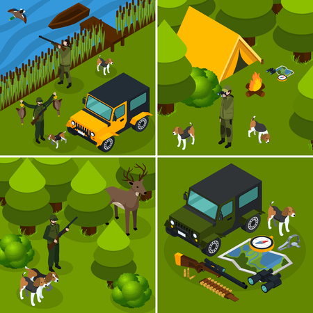 Four square isometric hunting icon set hunter in forest with tents and a gun vector illustrationのイラスト素材