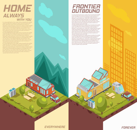 Vertical isometric banners with advertising of mobile house on background.のイラスト素材