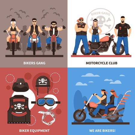 Bikers concept icons set with bikers gang symbols flat isolated vector illustrationのイラスト素材