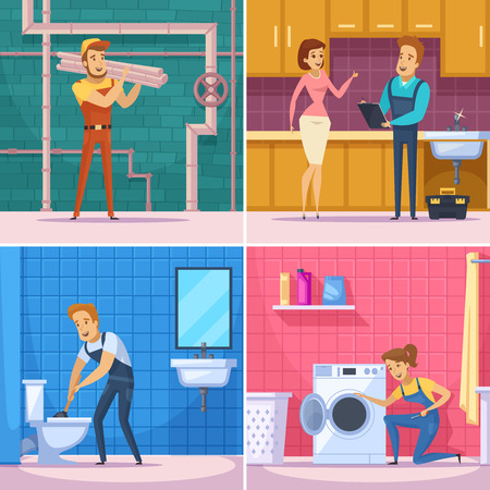 Plumber 2x2 design concept with professional  workers busy repair of plumbing equipment and home appliances flat vector illustrationのイラスト素材