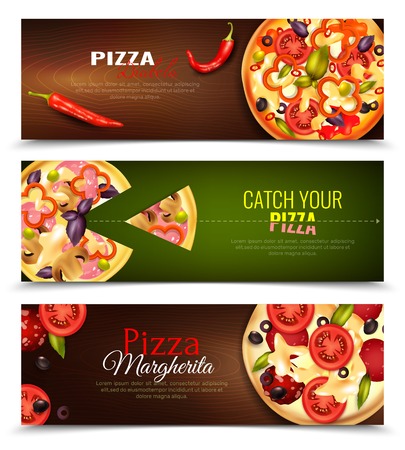 Set of three banners with compositions of images with different types of pizza and editable text vector illustrationのイラスト素材