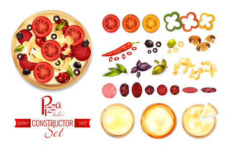 Pizza constructor set with flat isolated images of spices tomato salami and crust slices with text vector illustrationのイラスト素材