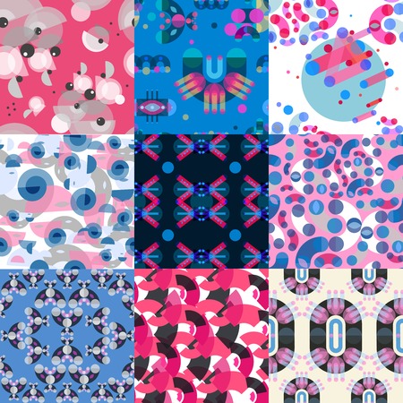 Geometric shapes patterns set of flat colorful square textures with different color shades in memphis style vector illustrationのイラスト素材