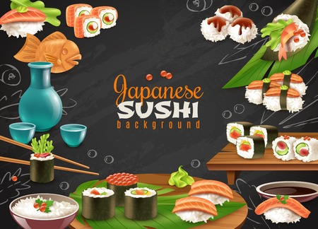 Black chalkboard background with various kinds of sushi maki sake and other japanese dishes realistic vector illustrationのイラスト素材