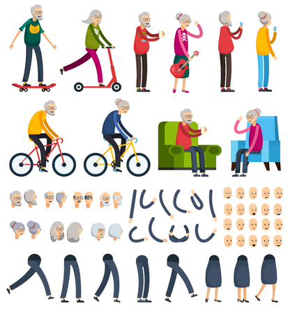 Aged elderly people man woman activities flat orthogonal constructor elements set with heads hands legs isolated vector illustrationのイラスト素材