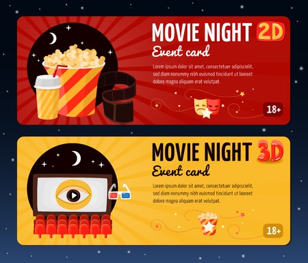 Movie horizontal banners presented cards for night cinema viewing event flat vector illustrationのイラスト素材