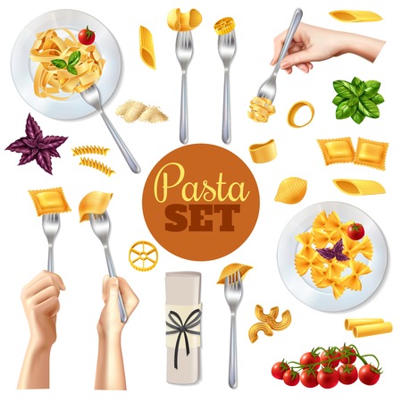 Different kinds of pasta and restaurant dishes realistic set isolated on white background vector illustrationのイラスト素材