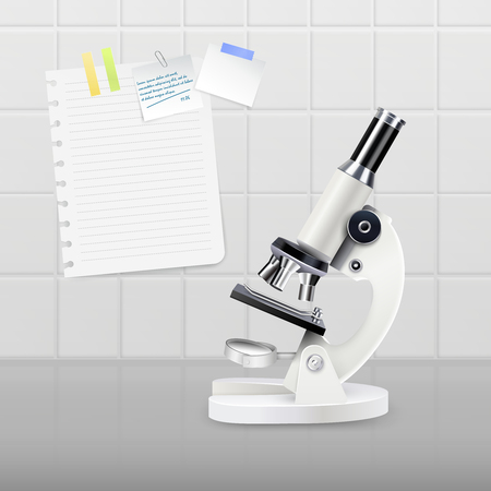 Colored realistic microscope composition white microscope stands on the table opposite the wall with stickers vector illustrationのイラスト素材