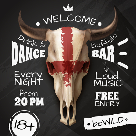 Buffalo bar party invitation poster with big cow skull on dark background realistic vector illustrationのイラスト素材