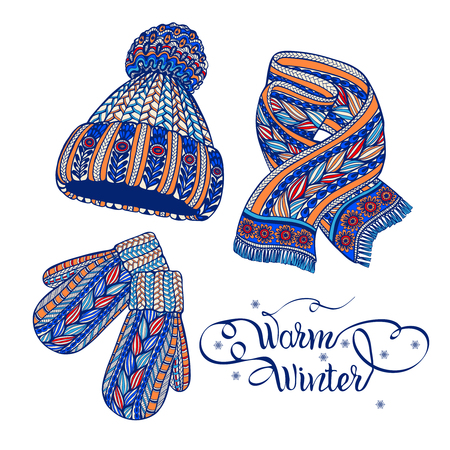Winter warm knitted accessories pictograms of hat mittens and scarf colorful doodle style abstract vector isolated illustrationのイラスト素材