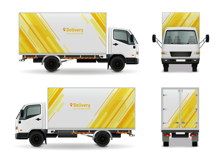Realistic cargo vehicle advertising mockup design in yellow white color side view, front and rear vector illustrationのイラスト素材