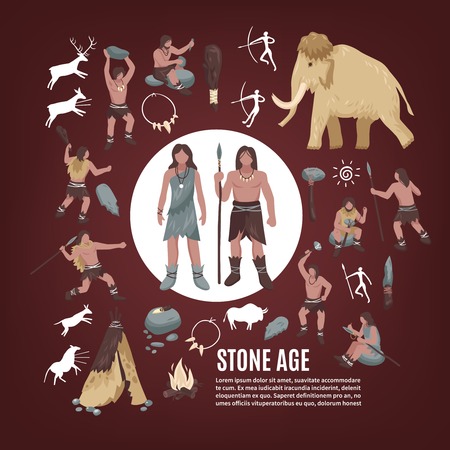 Stone age people icons set with weapon flat isolated vector illustrationのイラスト素材