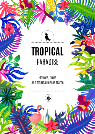 Tropical paradise exotic plants flowers and birds colorful bright ornamental rectangular frame background poster abstract vector illustrationのイラスト素材