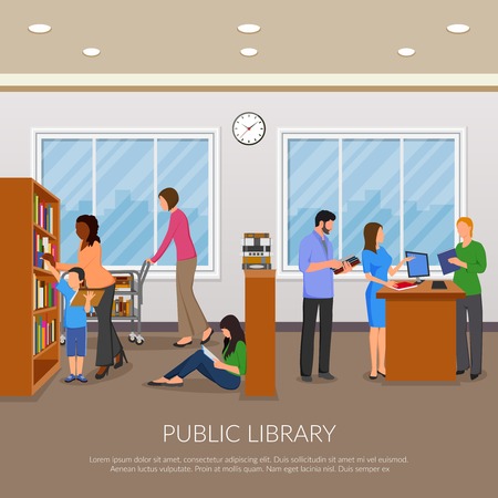 Public library composition with books bookshelf and people flat vector illustrationのイラスト素材