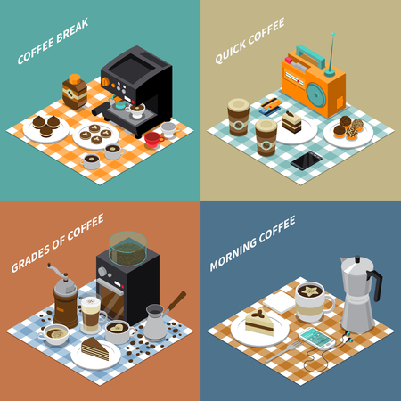Isometric design concept with grains drinks and sweets coffee maker grinder smartphone and radio isolated vector illustrationのイラスト素材