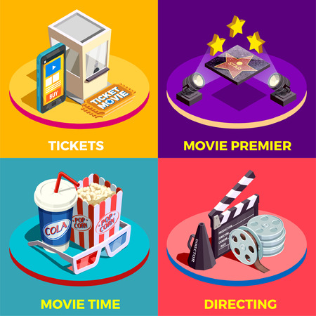Cinema isometric design concept with compositions of movie industry elements light equpiment tickets food and drink vector illustrationのイラスト素材